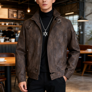 复古皮衣2025秋冬新款 机车加绒潮流痞帅休闲立领外套男 高级感时尚