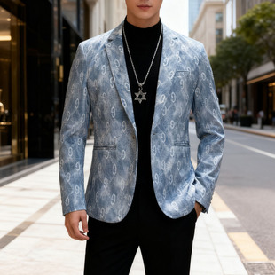 印花西服外套修身 潮小西装 男士 一粒扣韩版 单外套 个性 2025春秋新款