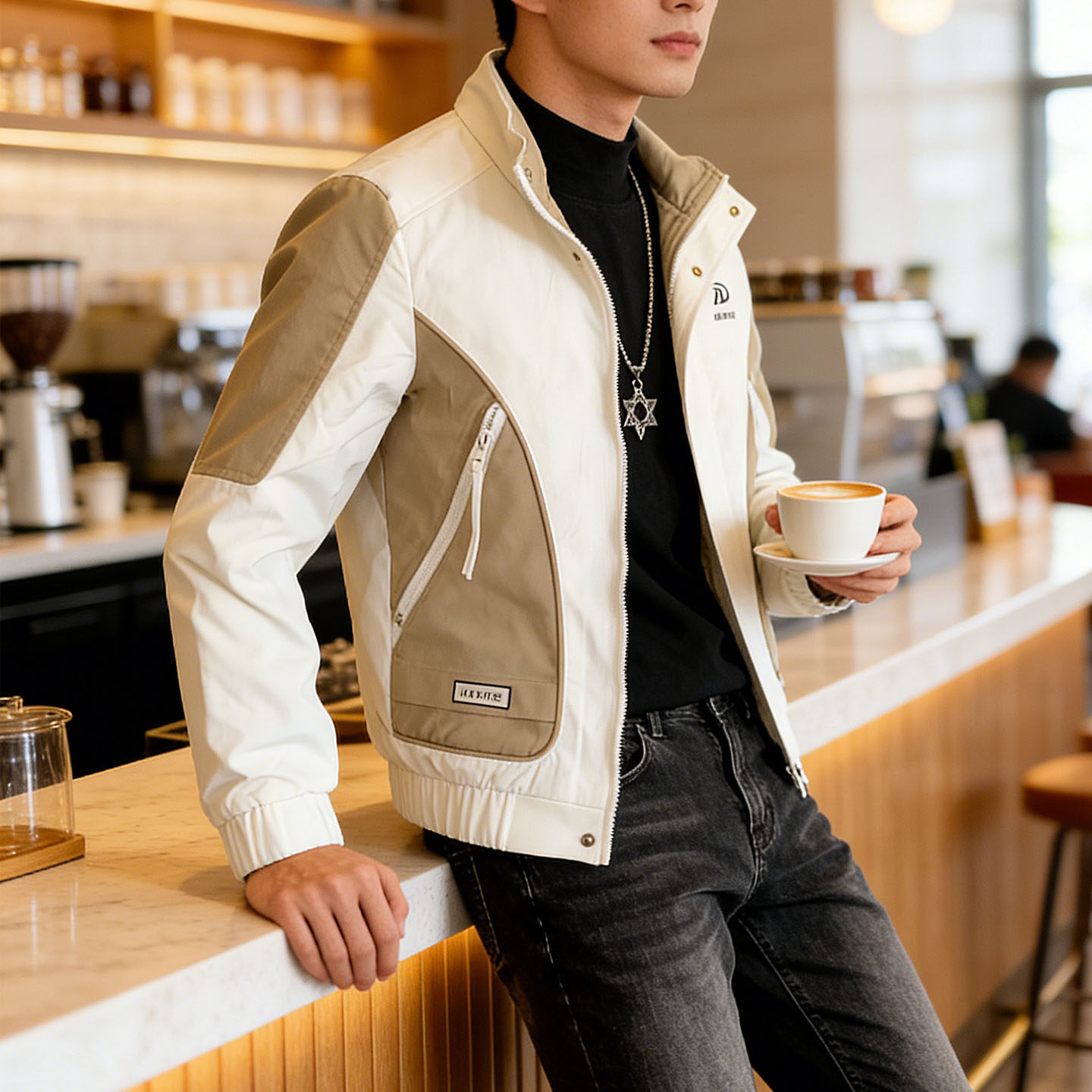 春季新品潮牌撞色青年夹克高级感拼接工装立领时尚休闲修身外套男