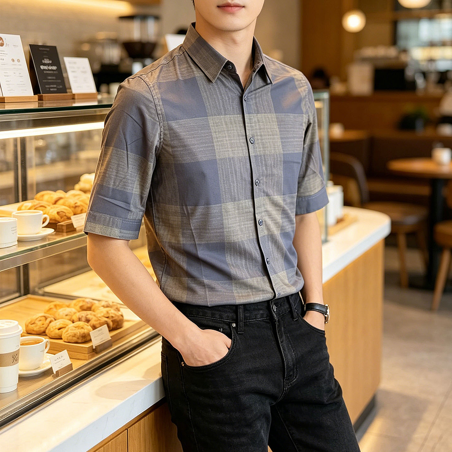 2026夏季男士格子修身短袖衬衫图片