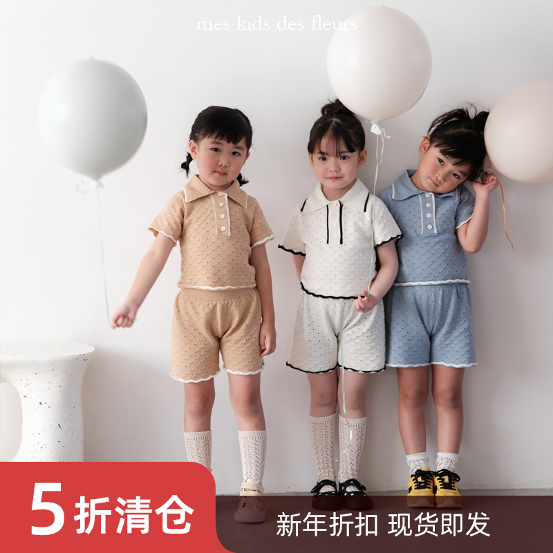 25春夏 全棉花边Polo翻领短袖短裤可爱针织套装新款 mes kids