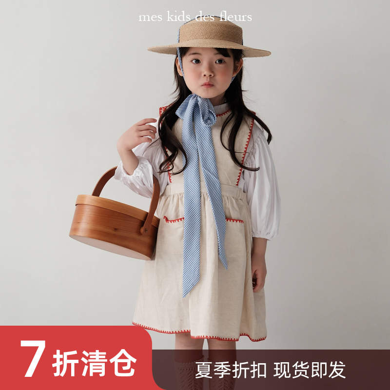 25春夏 新款可爱女童棉麻透气刺绣背带裙百搭童装 mes kids