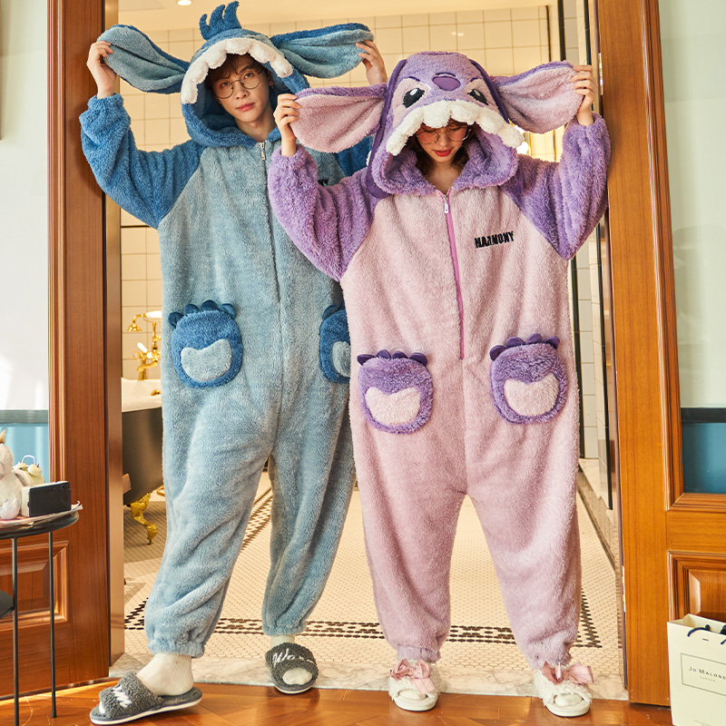 冬季情侣睡衣珊瑚绒加厚连体衣可爱卡通史迪仔男法兰绒家居服套装