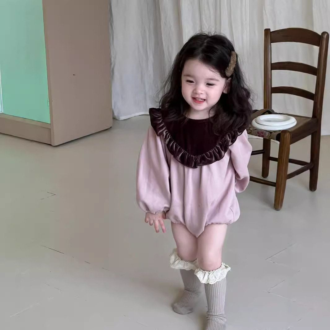婴幼童卫衣拼接丝绒个性卫衣爬服韩创意大领子幼儿春秋女宝宝哈衣