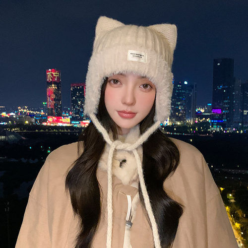 可爱猫咪耳朵毛线帽子女2026新款韩版冬季绑带护耳百搭保暖针织帽