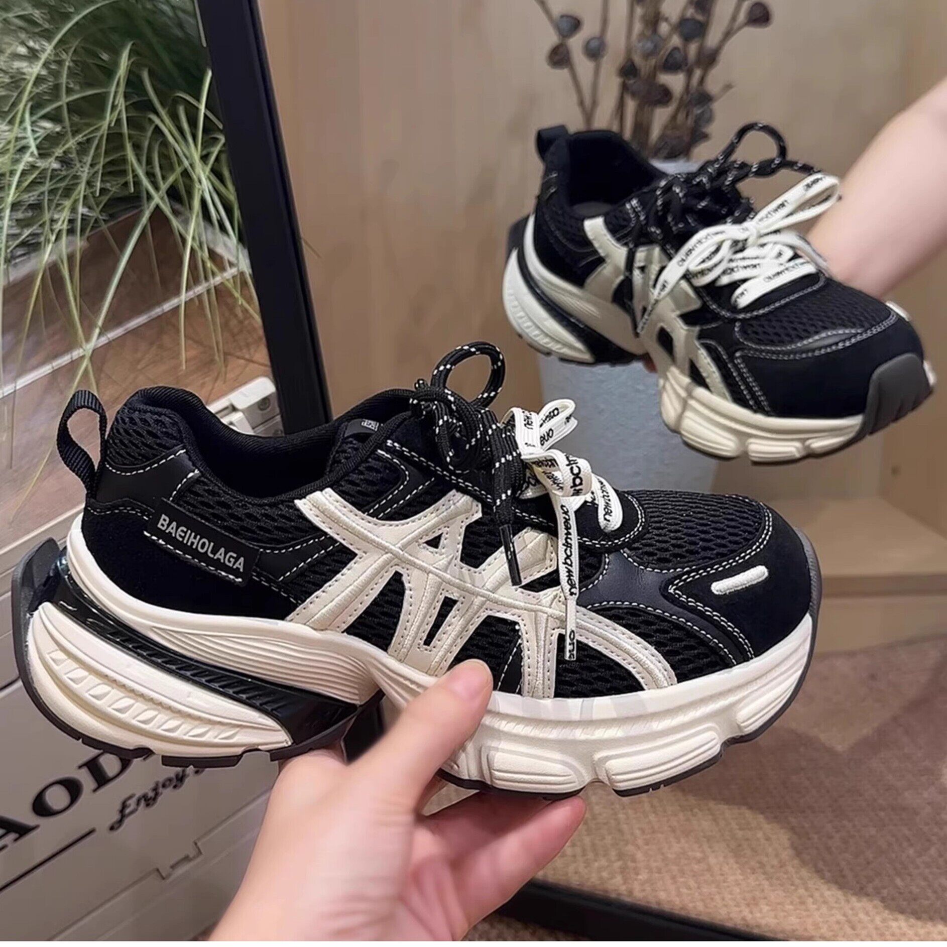 拼接网面爆款真皮老爹鞋女2025秋冬新款厚底增高女鞋休闲运动鞋子