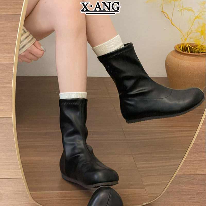现货~简约风真皮圆头4cm内增高短靴马丁靴女款弹力瘦瘦靴子小裸靴