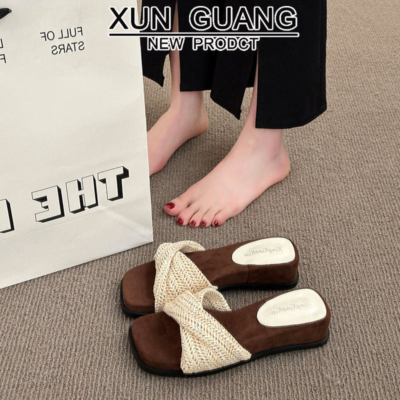 法式仙女风厚底一字拖鞋女夏季外穿编织方头防滑沙滩高跟凉拖鞋子