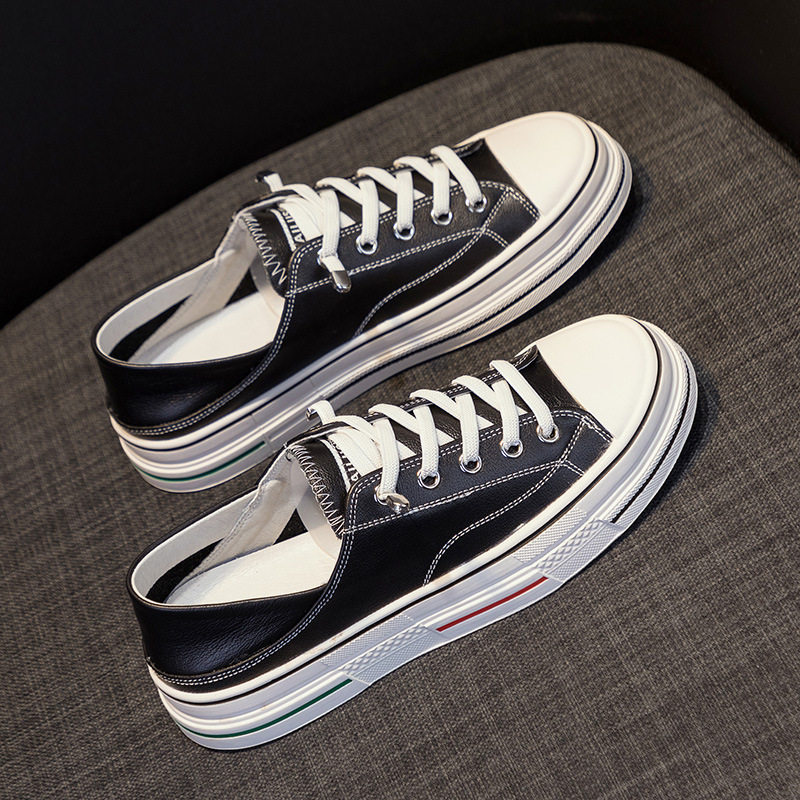 头层牛皮小黑鞋女2025春新款平底板鞋真皮女鞋单鞋帆布鞋学生软底