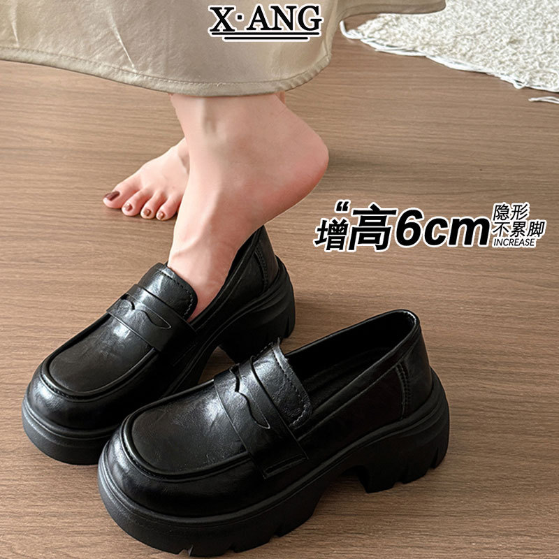 真皮厚底增高跟乐福鞋一脚蹬舒适不累脚鞋子女通勤单鞋粗跟小皮鞋