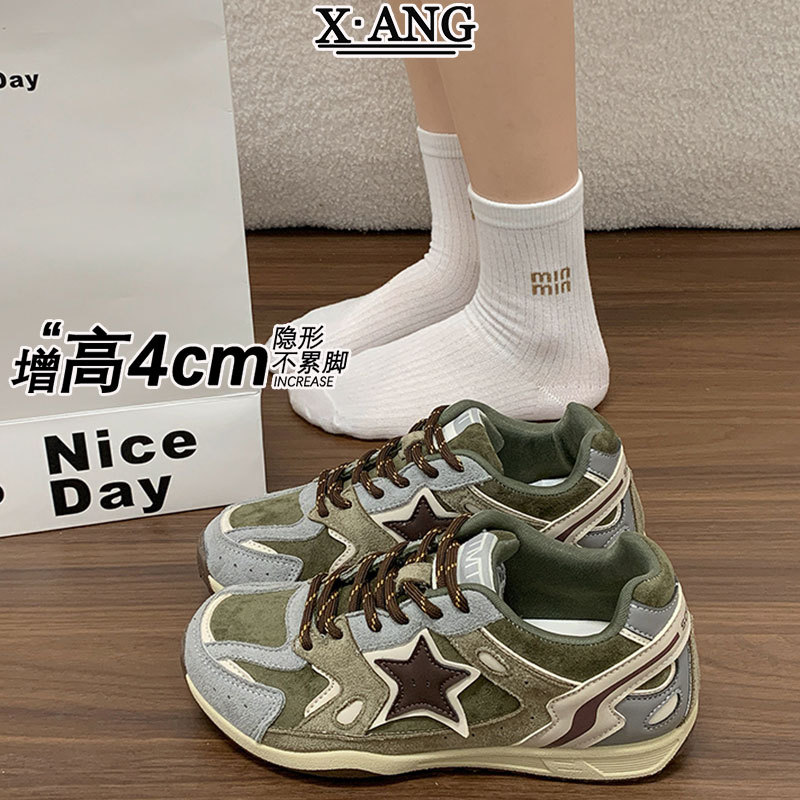 牛皮版复古风拼色系带德训鞋女款百搭显脚小阿甘鞋子女休闲运动鞋
