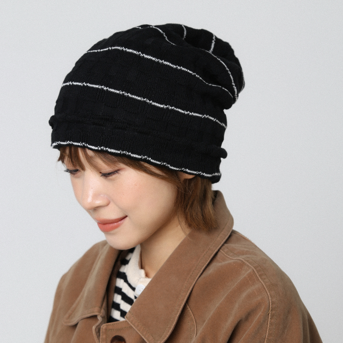 黑白条纹针织帽女秋冬新款