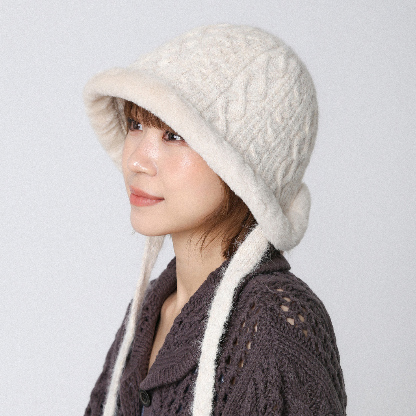 毛绒绑带卷边渔夫帽女秋冬新款大头围针织毛线帽防寒保暖护耳盆帽