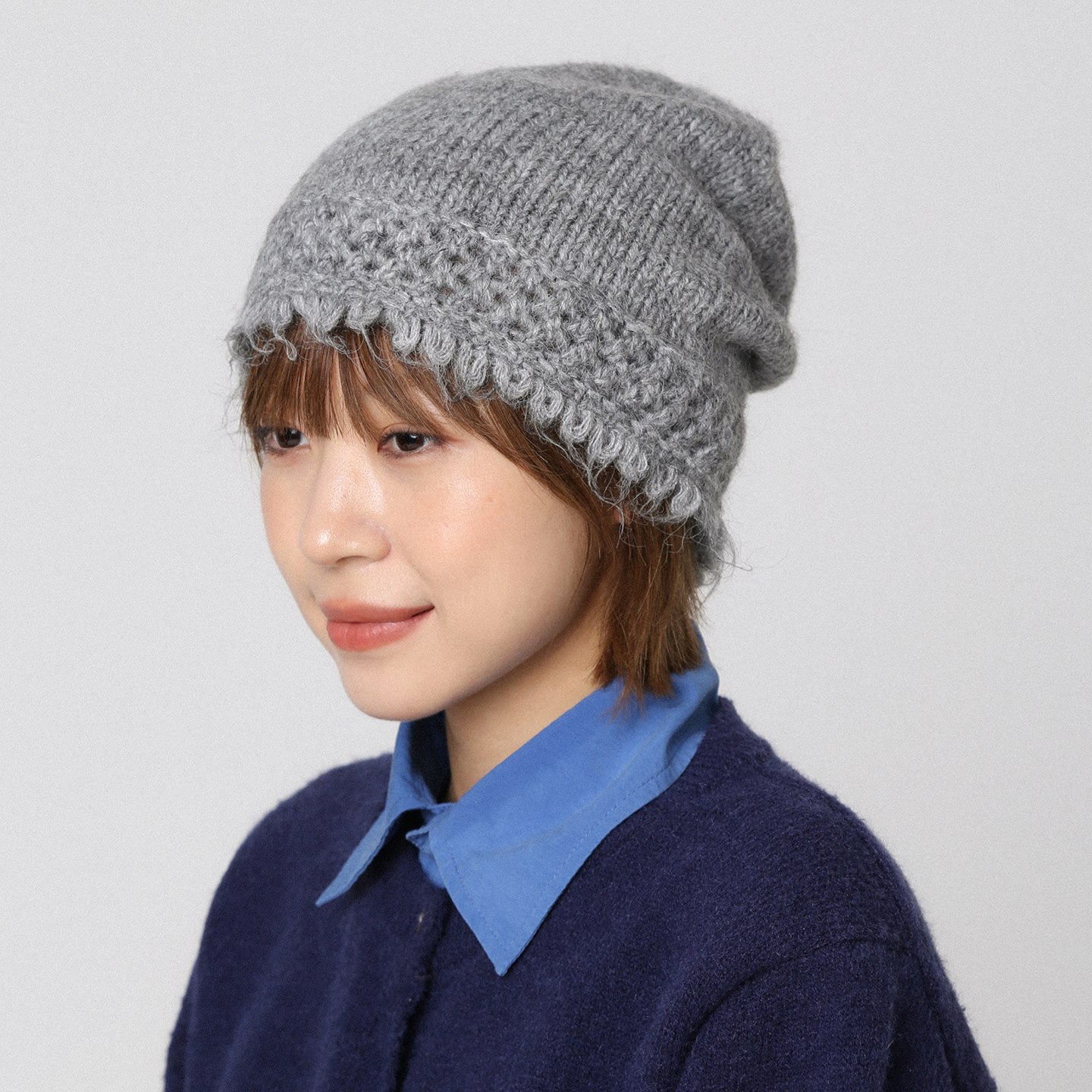 羊毛法式灰色镂空显脸小针织帽