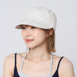 白色条纹亚麻透气马术帽女夏季新款渔夫帽大头围鸭舌遮阳帽防晒帽