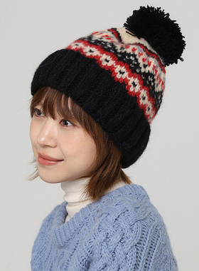 黑色提花毛球毛线帽女秋冬包头帽显脸小冷帽保暖大头围护耳针织帽