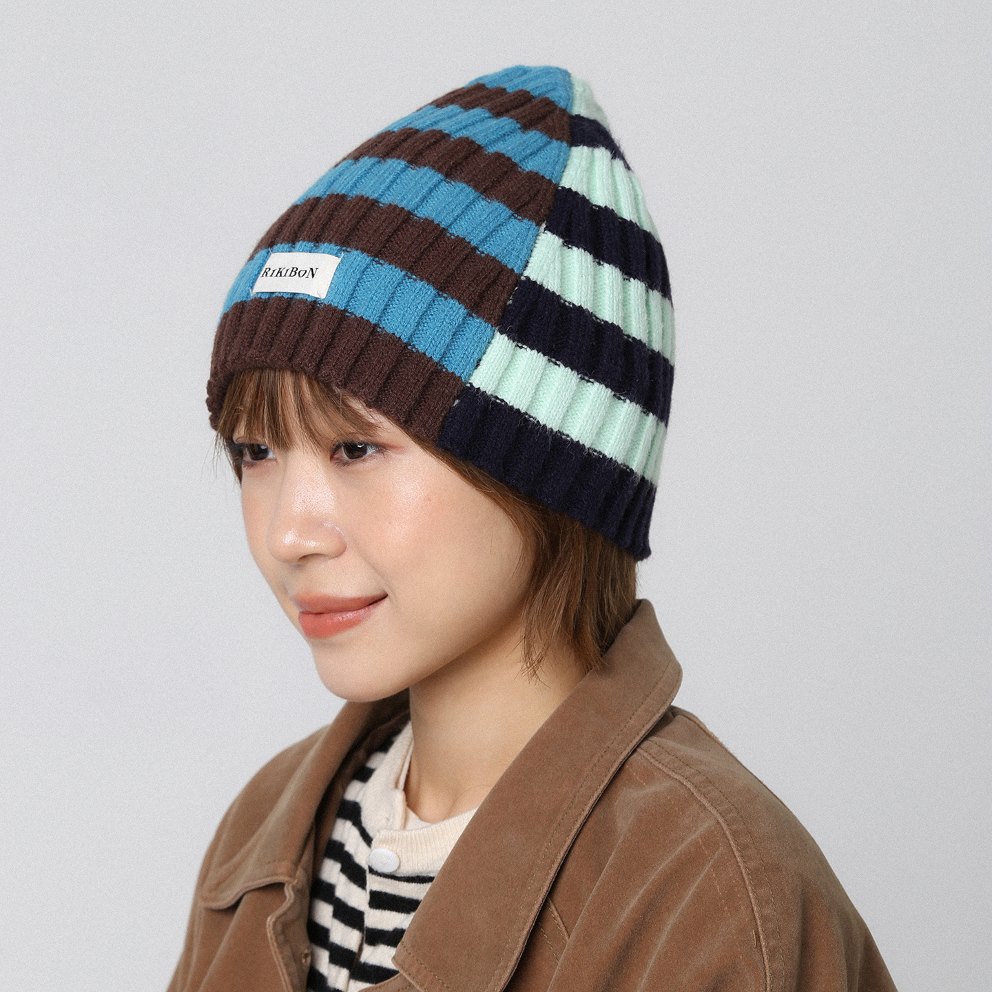 美式多巴胺条纹针织帽女保暖护耳