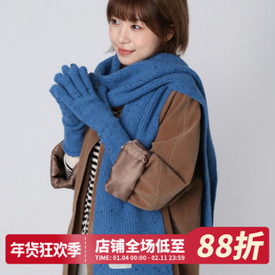 羊毛波点保暖蓝色手套围巾套装两件套女冬季新款加厚围脖披肩两用