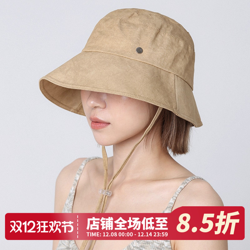 防晒抽绳登山帽米色渔夫帽遮阳