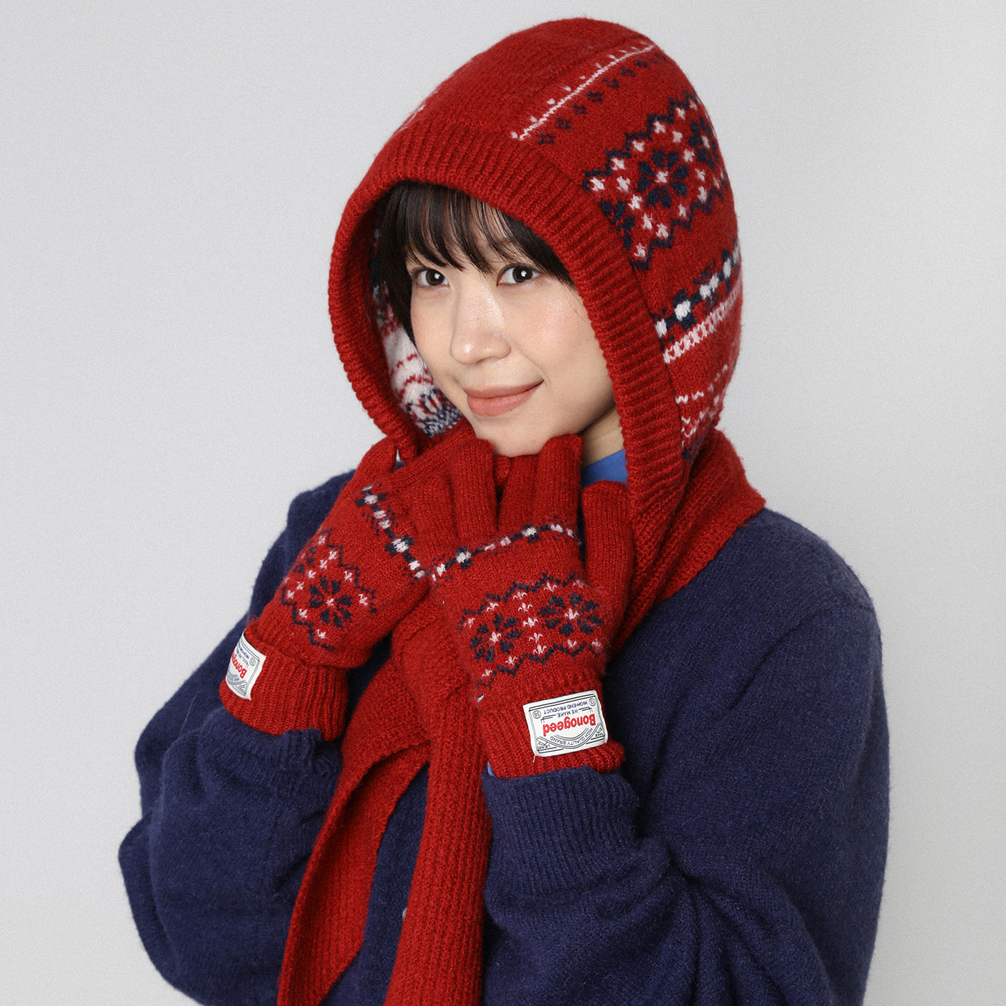 圣诞节红色两件套针织帽手套