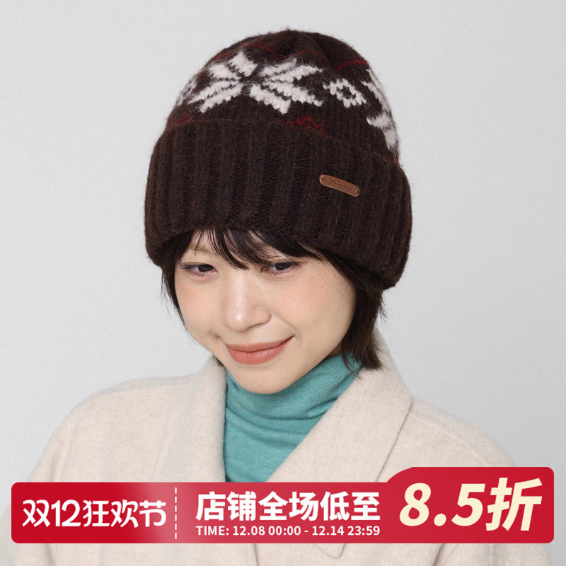 费尔岛风棕色针织毛线帽保暖护耳