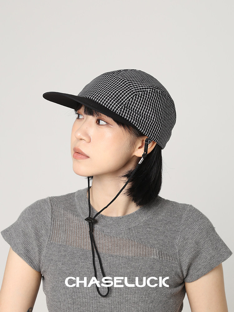 格纹抽绳平檐鸭舌帽子2026新款女夏季轻薄速干遮阳防晒日系棒球帽