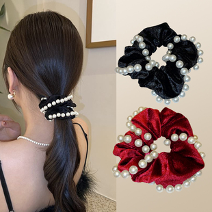 丝绒珠珠小肠发圈高级感女气质扎丸子头皮筋发绳优雅马尾头绳发饰