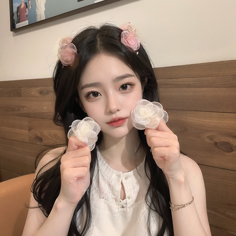网纱亮丝花朵可爱刘海夹