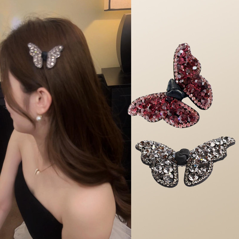 韩版蝴蝶发夹头饰饰品水钻皮质满钻刘海鸭嘴夹顶一字夹夹边夹发卡