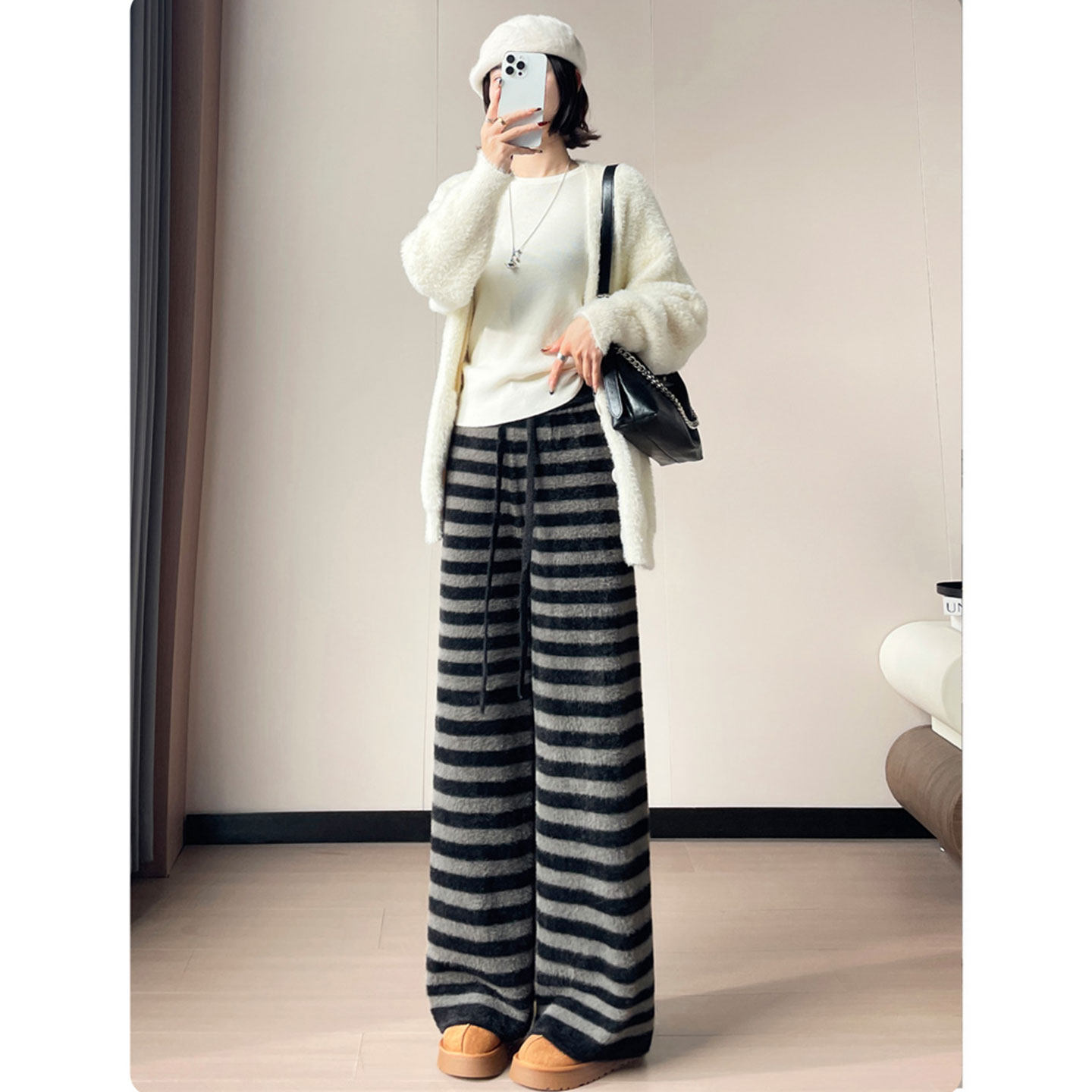 2026春季新款水貂毛条纹阔腿裤女今年流行超火裤子保暖休闲长裤子,女装/女士精品,休闲裤,淘宝优惠券,粉丝福利购,淘宝优惠卷