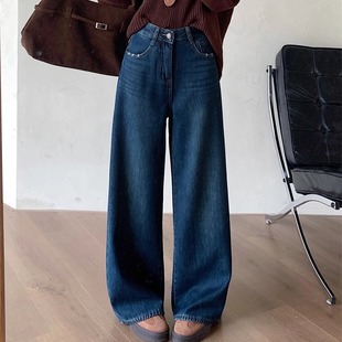 女高腰显瘦刺绣直筒长裤 版 子秋冬加绒加厚阔腿牛仔裤 裤 型超好看