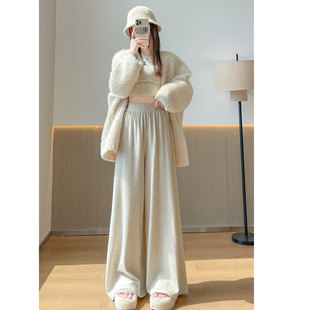 高腰显瘦休闲直筒长裤 秋冬新款 子 女厚款 软糯设计感花边针织阔腿裤