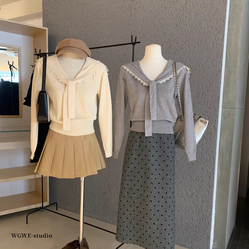 花边海军领绑带针织衫女早秋冬韩系少女减龄洋气显瘦长袖毛衣上衣