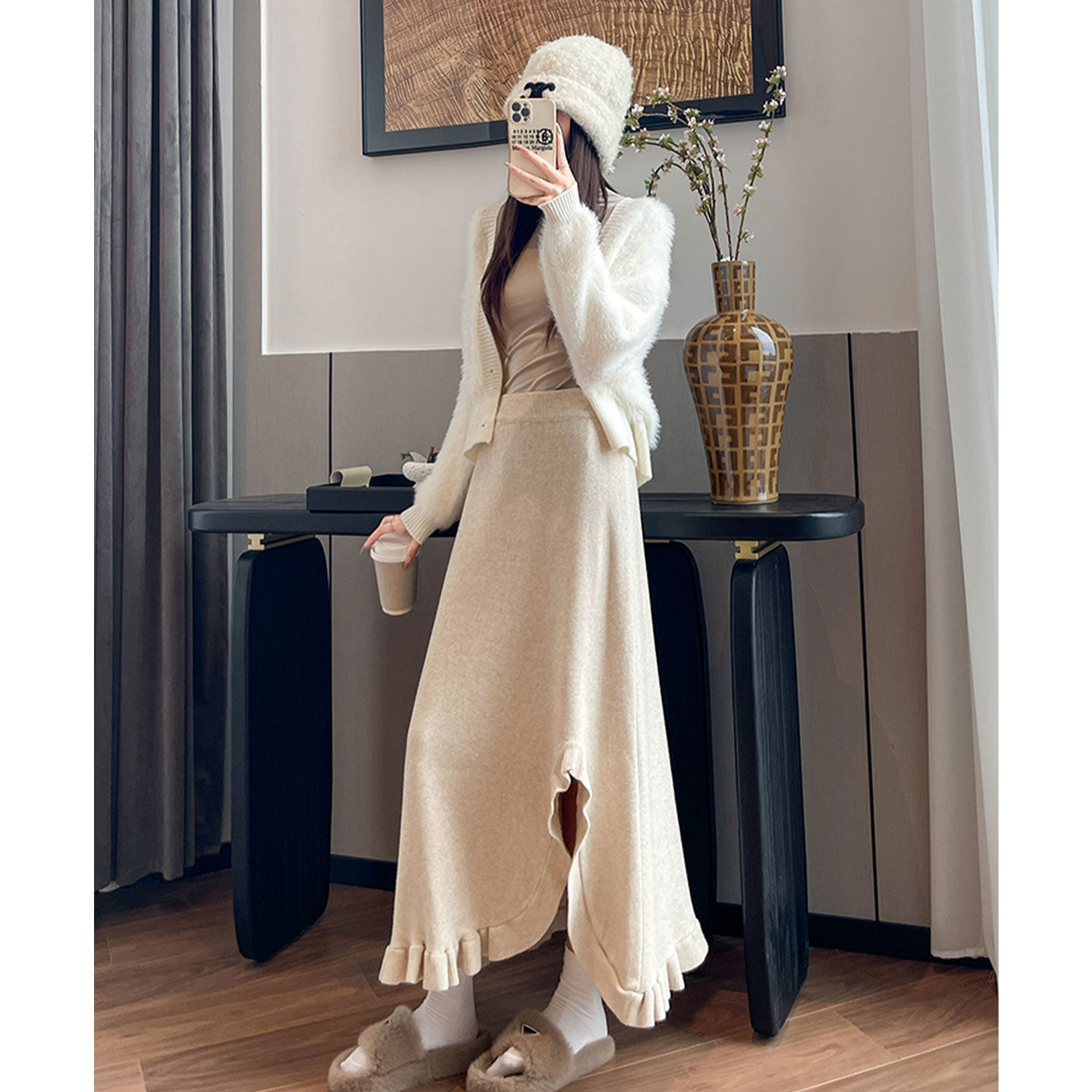 木耳边拼接不规则针织半身裙女超好看冬装高腰百搭A字裙气质长裙,女装/女士精品,半身裙,淘宝优惠券,粉丝福利购,淘宝优惠卷