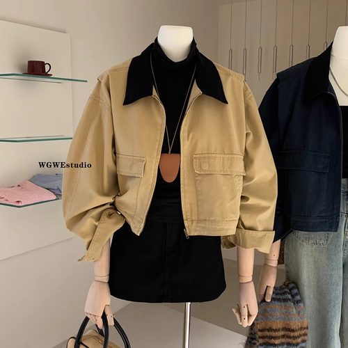 卡其色长袖美式复古外套女夹克秋