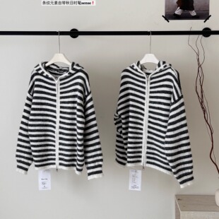 韩系条纹拉链连帽毛衣外套女秋冬绝美巨好看宽松慵懒风针织开衫