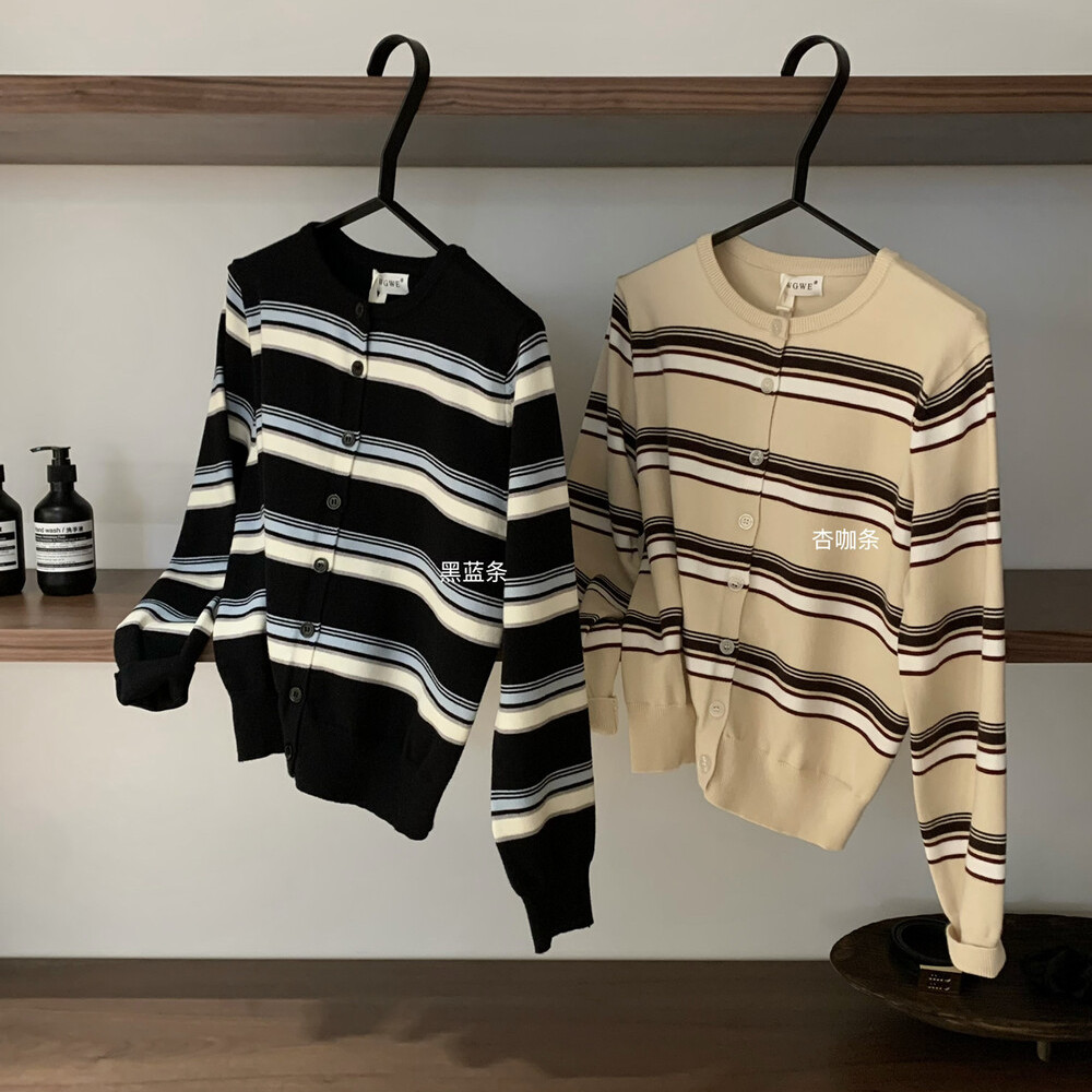 撞色细条纹单排扣毛衣女针织开衫