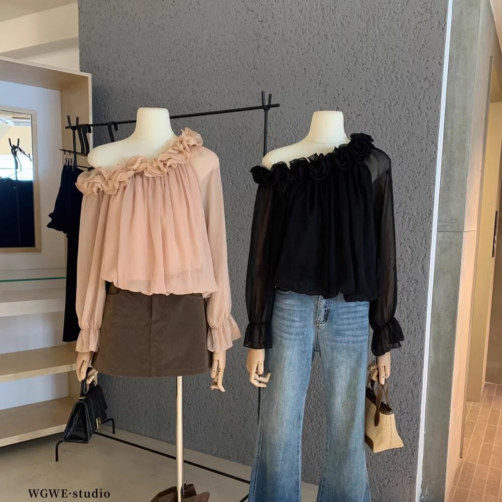 花朵边装饰法式度假风一字肩长袖衬衫女秋季宽松气质上衣雪纺小衫