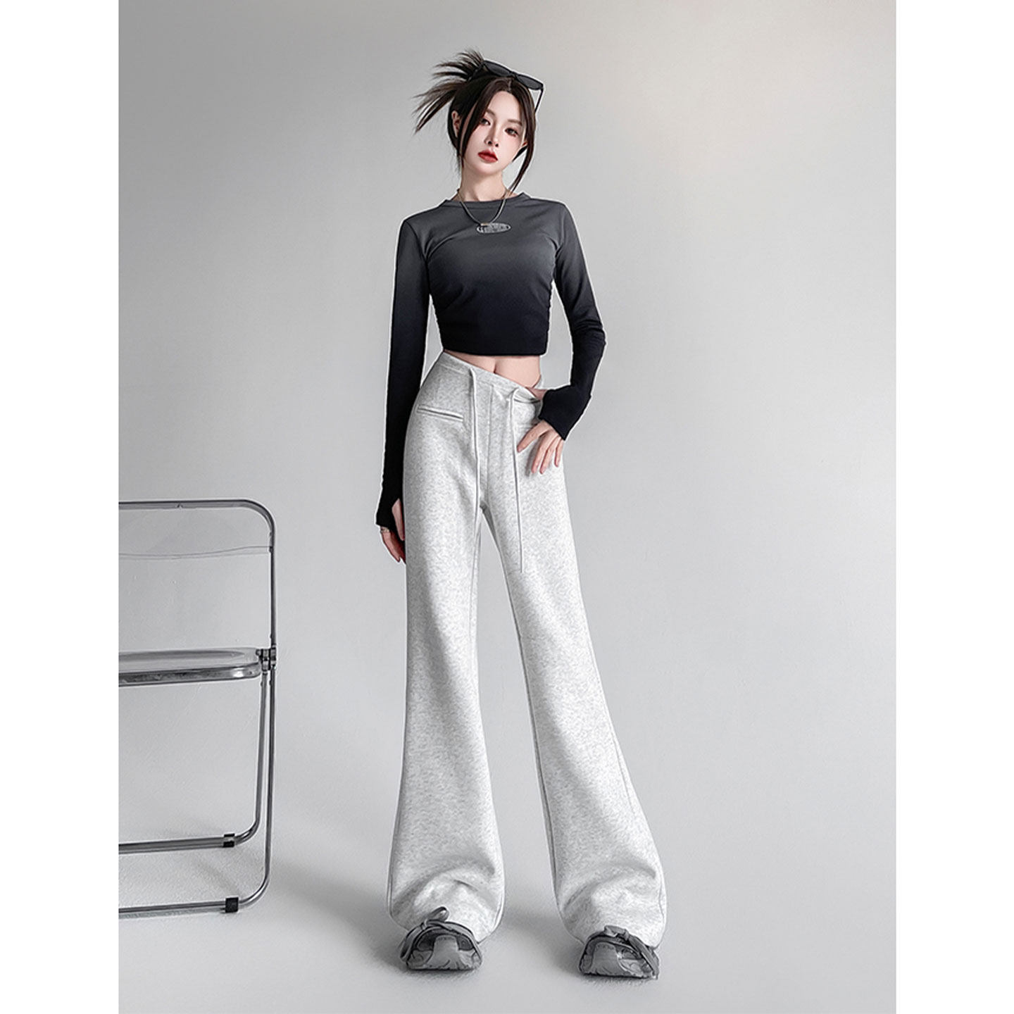 灰色运动卫裤抽绳微喇休闲裤女秋冬新款韩系气质显瘦阔腿小众长裤,女装/女士精品,休闲裤,淘宝优惠券,粉丝福利购,淘宝优惠卷