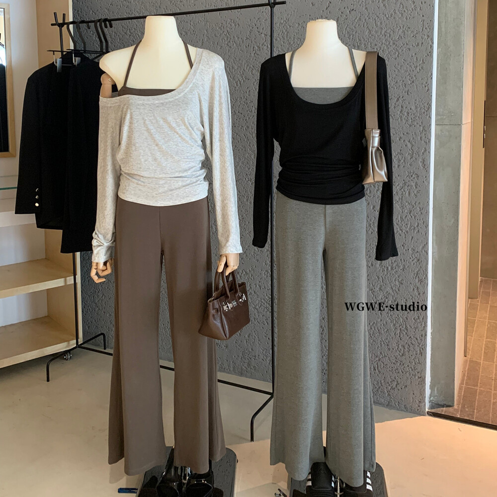 长袖T恤+挂脖抹胸背心+休闲裤