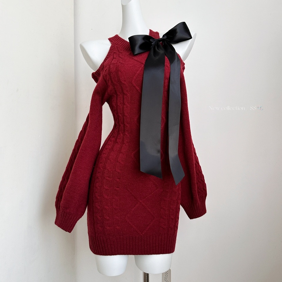 蝴蝶结绑带露肩长袖针织连衣裙