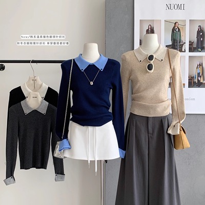 m1u系女孩拼色修身POLO针织衫