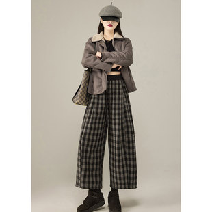 格子阔腿休闲八分裤女秋冬加绒加厚垂感宽松弯刀显瘦奶奶裤小个子