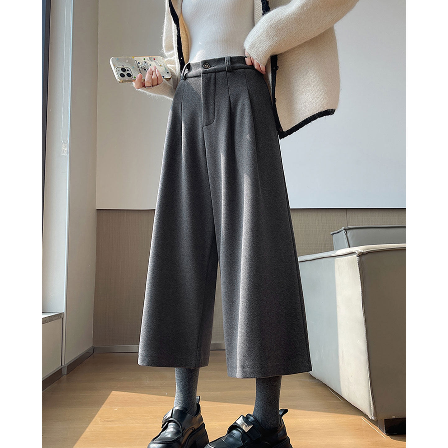 灰色垂感毛呢阔腿裤女装秋冬高级感加厚宽松显瘦小个子八分休闲裤,女装/女士精品,休闲裤,淘宝优惠券,粉丝福利购,淘宝优惠卷