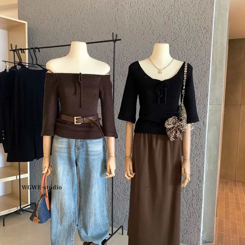 编织一字肩方领两穿复古毛衣女秋