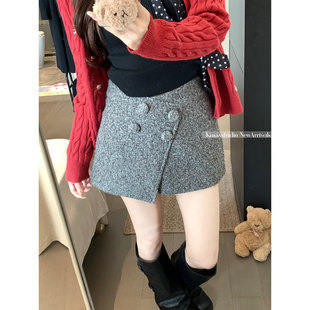 多扣搭片靴裤圈圈呢a字半身裙2026春季辣妹显瘦秋冬灰色短裙裤子