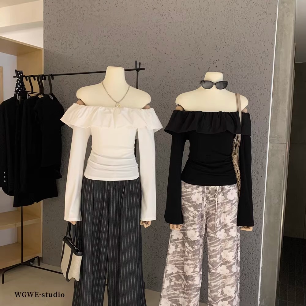 早秋法式荷叶边一字肩长袖T恤女