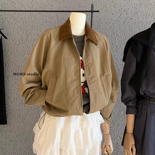 美式复古水洗丝绒领夹克上衣秋