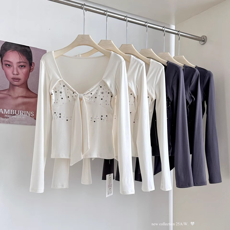 高温切割闪钻长袖T恤女早秋独特