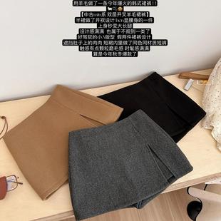 中古m1u系 简约A字半裙女防走光加厚短裙 双层开叉羊毛呢半身裙裤